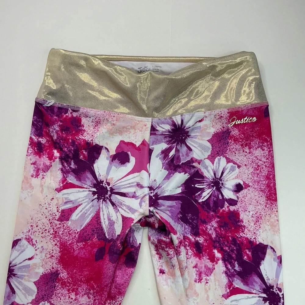 Justice Multi Pink Floral Leggings Kids Size L 12/14 Gold Metallic Waistband